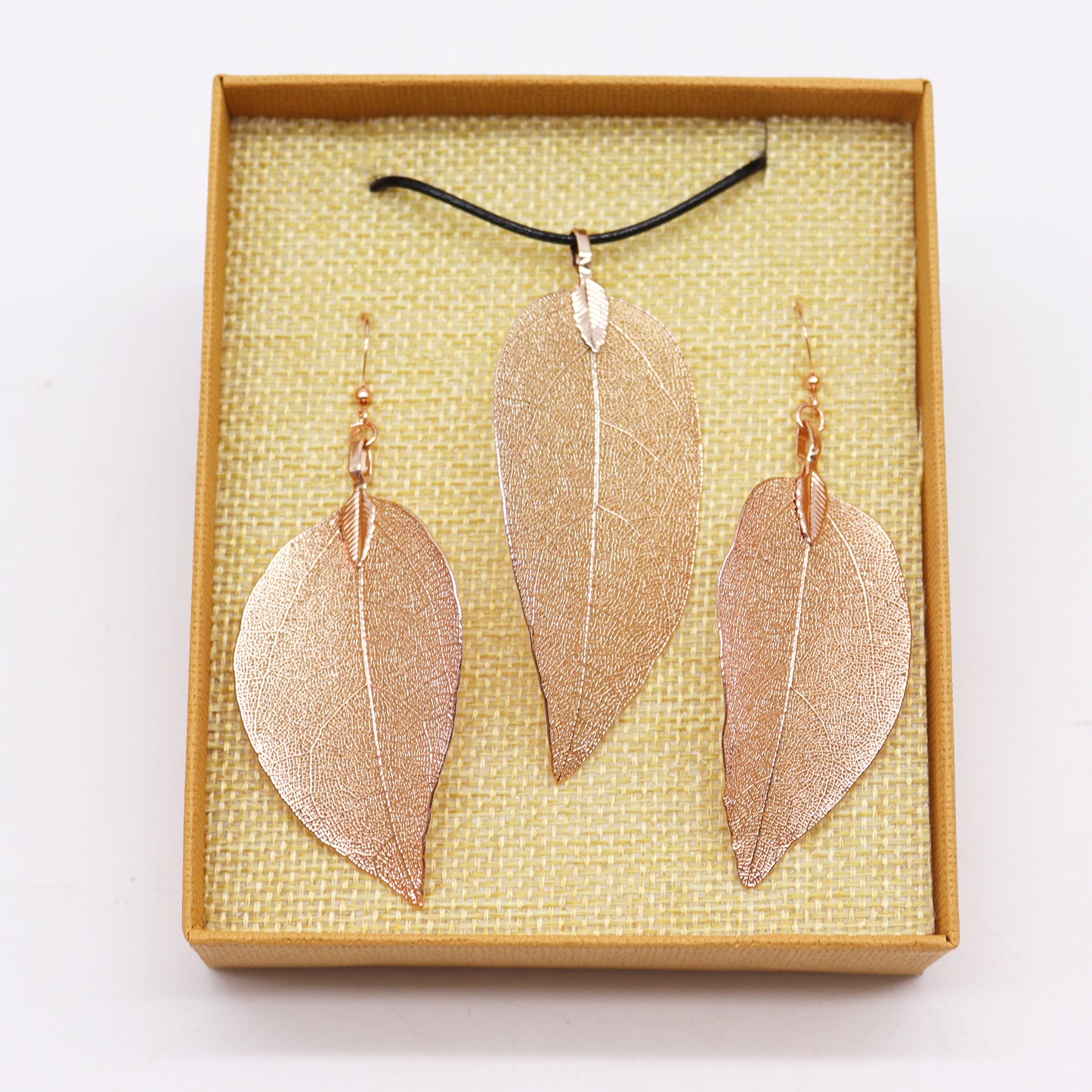 Necklace & Earring Set - Bravery Leaf - Pink Gold