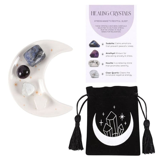 Stress Healing Crystal Set with Moon Trinket Dish - Thesoulmindspirit